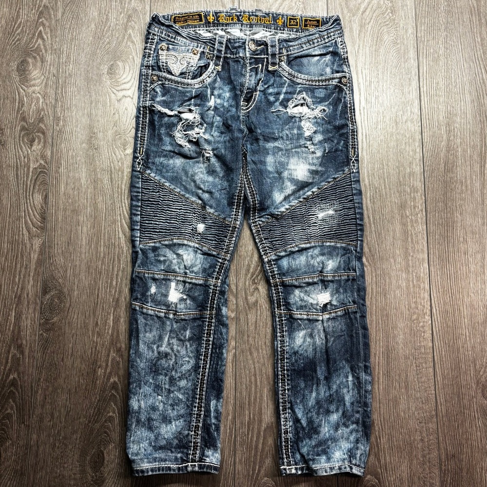 Rock Revival James Biker Distressed 31 x 26 Acid Wash Moto Jeans Blue Mens